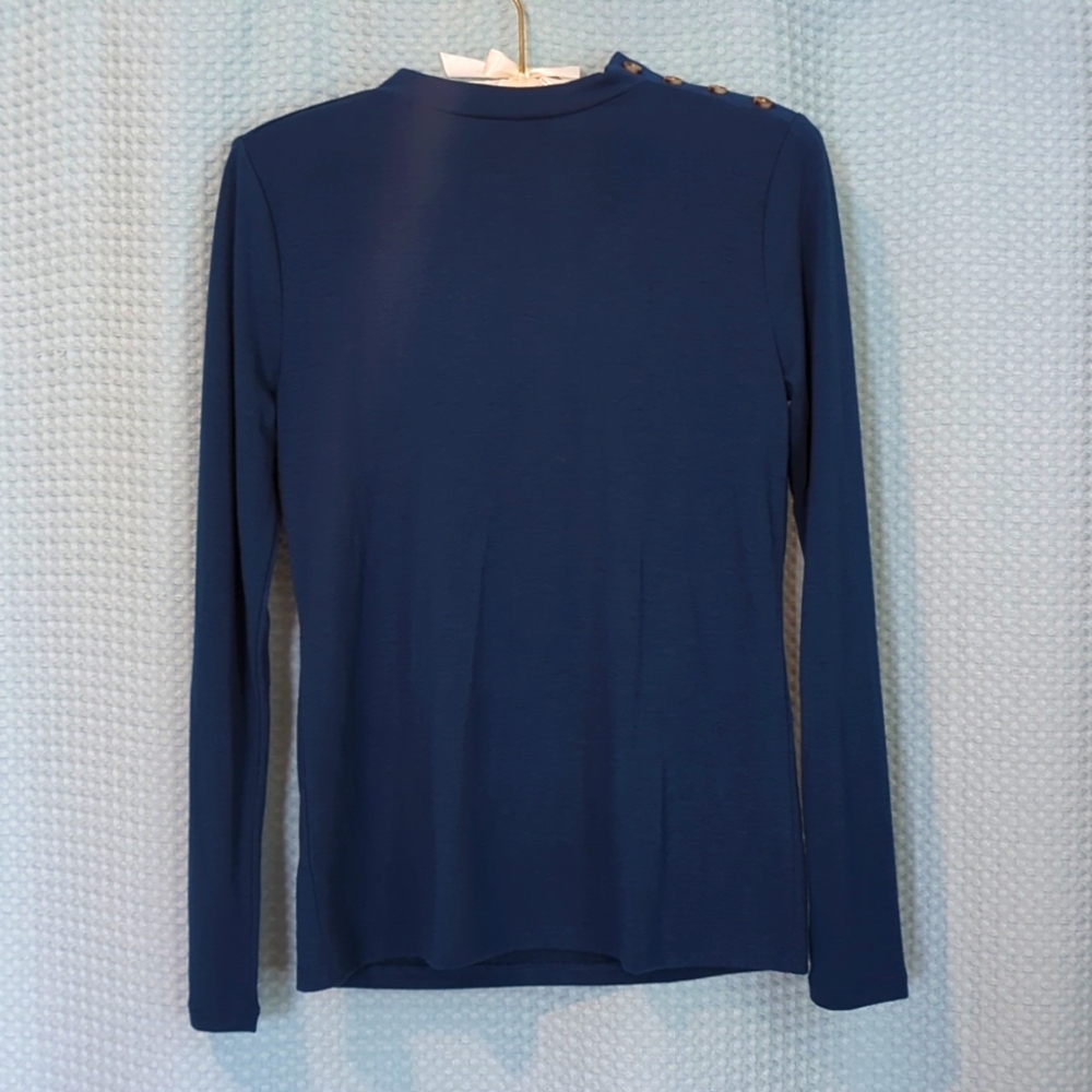 NWOT SP Ann Taylor teal long sleeve shoulder button mock neck top in sea storm
